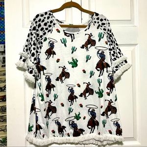 Fun rodeo print fringe detail top